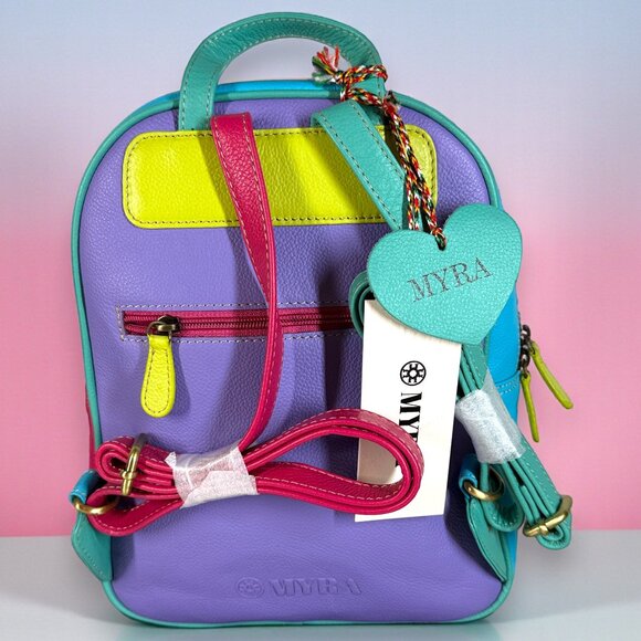 Myra Bag Leather Colorblock "Color Pointe" Backpack - New - Picture 6 of 12